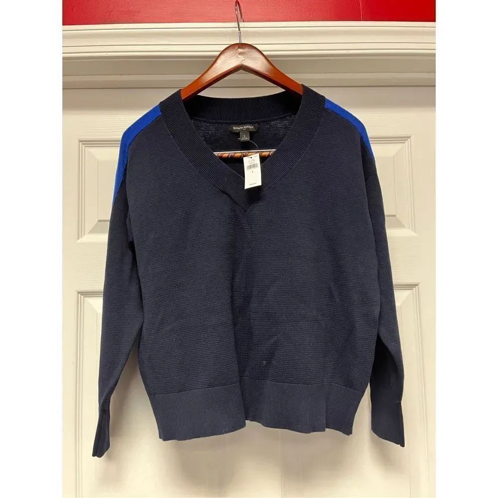 Banana Republic Factory Blue on Blue Striped Sleeve V-Neck Sweater sz L NWT